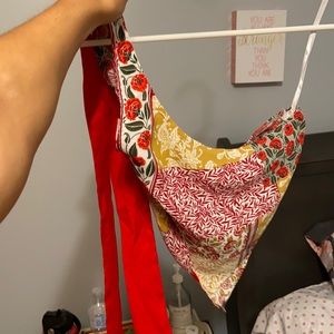 Red floral pattern print one shoulder top